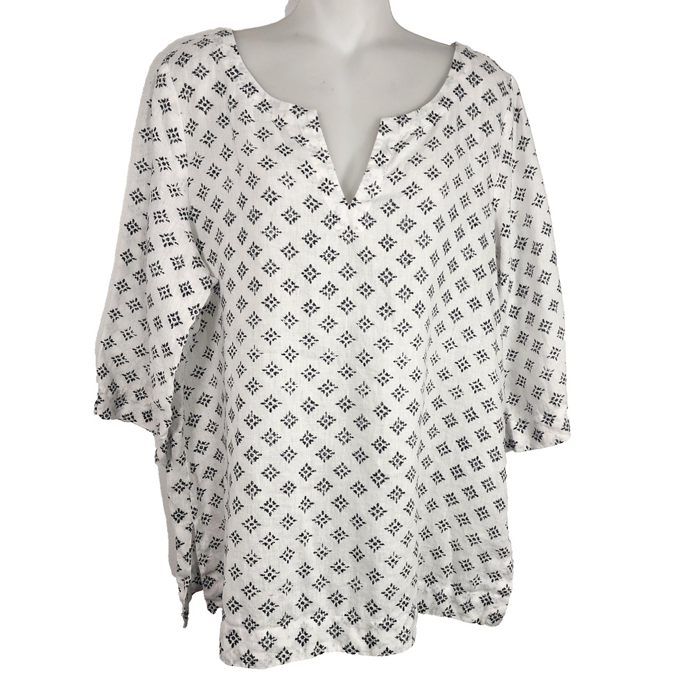 J Jill Women Linen Popover Top Large Petite White Black 3/4 Sleeve Coastal Light